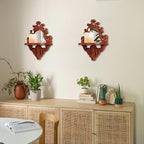 Three-Dimensional Relief Candle Sconces Set 2 Rustic Wall Mount Candle Holders Wood Hanging Wall Decor Mirrored Wall Art Hand Carved Home Decoration Brown