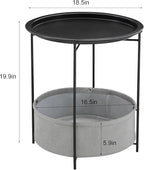 VECELO Round Side/End Table with Fabric Storage Basket，Metal Anti-Rust and Waterproof Small Bedside Nightstand with Removable Tray Top for Living Room，Balcony & Laundry，Black /2pcs with Basket
