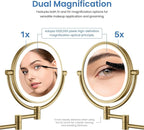 KIBI Circular Wall Mount Makeup Mirror with LED Lights, Dual-Sided 1x/5x Magnifying Mirror with Adjustable Arm, 360° Swivel, Solid Brass Construction for Durability and Style (Brushed Brass, KMM101)