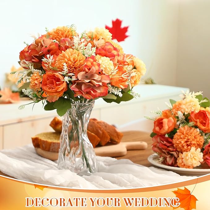 Tigeen Artificial Flowers Artificial Peonies Silk Flowers Faux Peony Fake Peony Silk Hydrangea Bouquet for Wedding Table Centerpiece Floral Vase Decor(Bright Orange,24 Bundles)