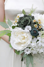 Forest Green Artificial Flowers Silk Fake Roses Peonies Greenery Combo Box Set for DIY Wedding Bouquets Bridal Shower Centerpieces Floral Arrangements Party Tables Home Decoration
