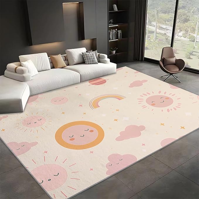 Living Room Area Rug 5x8 ft Cartoon Sun Rainbow Washable Non-Slip Area Rug, 3D Print Low-Pile Carpet for Bedroom, Kids Room, Nursery, Home Decor Rugs
