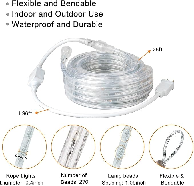 SURNIE LED Rope Lights Outdoor Warm White, Waterproof 25FT Cuttable 3000K Soft Lighting Indoor 110V Flexible Clear Tube for Bedroom Outside Garden Deck Patio Camping Decor, Not Flat Strip