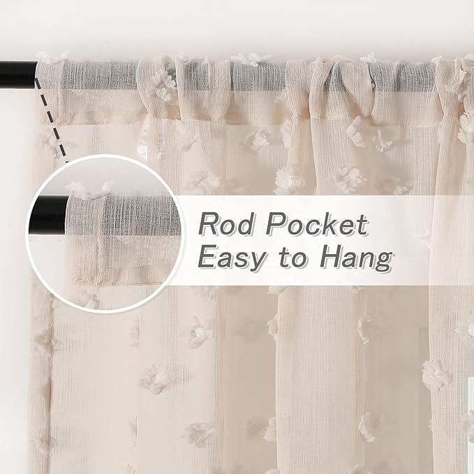 MYSKY HOME Beige Sheer Short Curtains with Pom Pom for Small Windows Bedroom Nursery Kids Girls Room Curtains Cafe Kitchen Light Filtering Boho Drapes, Rod Pocket,38 x 54 Inches, 2 Panels