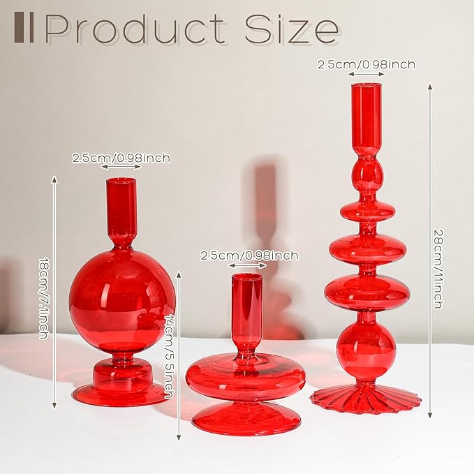 Rtteri 3 Pcs Glass Candlestick Holders Glass Candle Holders Groovy Wavy Elegant Taper Candle Stick for Wedding Home Birthday Party Christmas Halloween Decoration Windowsill Decor(Red)