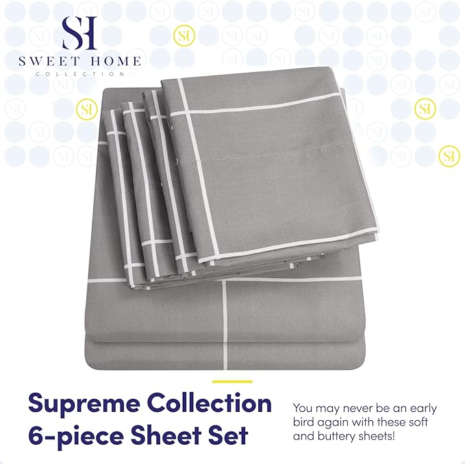 King Size Bed Sheets - 6 Piece 1500 Supreme Collection Fine Brushed Microfiber Deep Pocket King Sheet Set Bedding - 2 Extra Pillow Cases, Great Value, King, Window Pane Gray