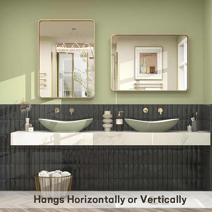 22x30 Inch Gold Framed Bathroom Mirror, Brushed Gold Metal Vanity Mirror, Rectangle Gold Mirror for Wall, Rounded Corner, Tempered Glass, Anti-Rust, Shatterproof (Horizontal/Vertical)
