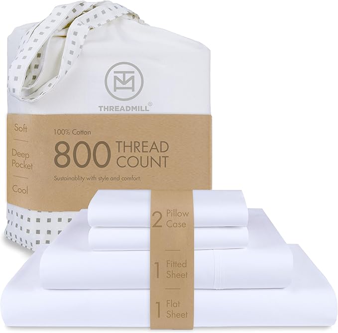 Threadmill Luxury Queen Sheet Set 800 Thread Count for Queen Size Bed - Hotel White Sateen Queen Bed Sheets, Better Than Egyptian Cotton,4 Pc Solid Soft Breathable Bed Set, Fits 16" Deep Pocket