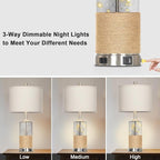 25" Boho Table Lamps Set of 2, Coastal Glass Bedside Lamps with USB A+C Ports and AC Outlet, Rattan Lamp with Night Light for Nightstand Living Room Bedroom, 2 LED Bulbs Included, Silver