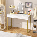 GreenForest Vanity Desk with 2 Drawers,47 inch White Desk with Glossy Desktop Easy Clean,Makeup Dressing Table with Metal Gold Legs for Home Office Small Spaces,Bedroom