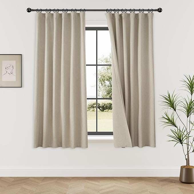 KangBang Blackout Linen Curtains 72 Inches Long for Bedroom,Thermal Insulated Back Tab Rod Pocket Pleated Sun Blocking Farmhouse Drapes with Clip Rings Made 52 Inch Wide by 72 Inch Length 2 PCs