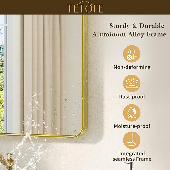 TETOTE 60 x 36 Gold Mirror Brushed Gold Metal Framed Bathroom Mirror, Tempered Glass, Modern Farmhouse Wall Mounted Mirror for Decorative(Horizontal/Vertical)