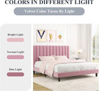 Allewie Queen Bed Frame/Velvet Upholstered Bed Frame with Vertical Channel Tufted Headboard/Strong Wooden Slats/Platform Bed Frame/Mattress Foundation/Box Spring Optional/Easy Assembly/Pink
