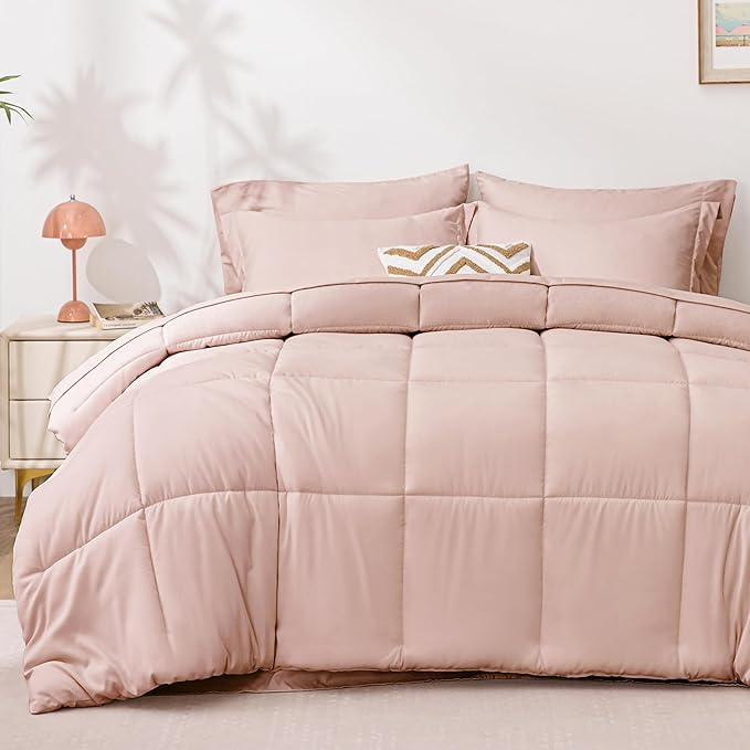 Love's cabin King Size Comforter Set Blush Pink, 7 Pieces King Bed in a Bag, All Season Bedding Sets with 1 Comforter, 1 Flat Sheet, 1 Fitted Sheet, 2 Pillowcase and 2 Pillow Sham