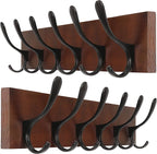 SKOLOO Coat Rack Wall Mount - Wooden Brown Wall Coat Hook, Pack of 2, Wall Coat Hanger Rack with 6 Hooks for Hanging Coats, Hats, Clothing, Scarfs, Brown & Black