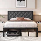 Full Bed Frame with Headboard Linen Upholstered Bed Frame Platform,All Metal Slats Support Platform Bed Frame with Storage Space,Easy Assembly,Noise Free,No Box Spring Needed,Grey