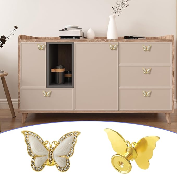Butterfly Cabinet Knobs,6 Pieces Butterfly Knobs Single Hole Pulls Handles Decorative Door Cabinet Drawer Cupboard Furniture Door Wardrobe (Gold)