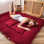 MAXYOYO Japanese Floor Futon Mattress - Thicken Sleeping Pad, Foldable Roll Up Mattress Topper, Guest Floor Bed, Burgundy, Queen