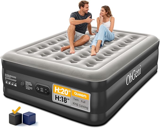 OhGeni 20" Queen Air Mattress with Built in Pump, Inflatable Blow up Bed, Upgraded Pillar Design, 3-Min Inflation Airbed for Guests,Better to Get up, 650LBS