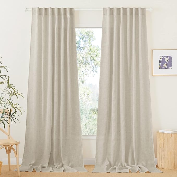 RYB HOME Semi Sheer Curtains - Linen Textured Curtains Light Filtering Privacy Panels for Patio Sliding Glass Door Office Large Window Decor, Angora, 52 inch Width x 108 inch Length, 2 Pcs