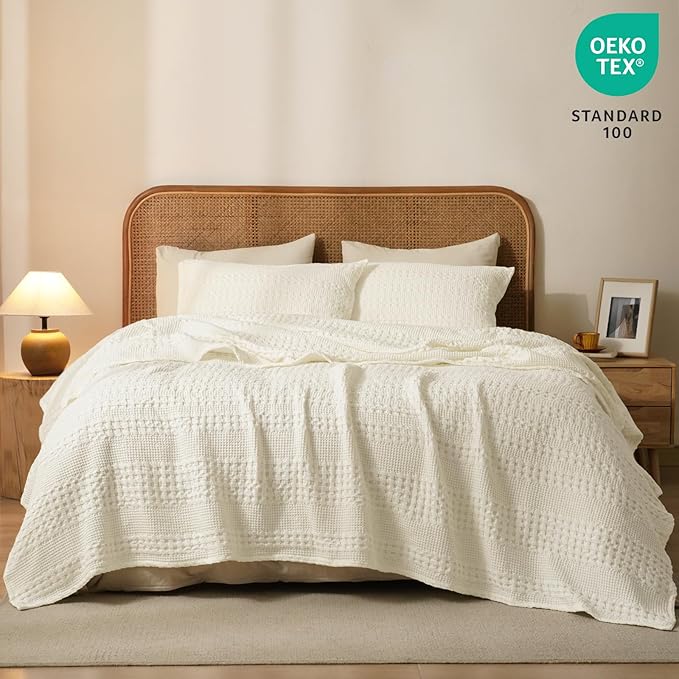 PHF 100% Cotton Waffle Weave Blanket Twin Size for Bed, Soft Lightweight & Breathable, All-Season Comfort, Luxury Aesthetic Woven Bedding for Home Decor, 66"x90", Cannoli Cream