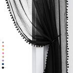 Treatmentex Black Pom Pom Sheer Curtains for Bedroom 63" Linen Texture Decorative Voile Draperies Chic Solid Sheer Curtain Panels for Living Room 52" w 2 Pack