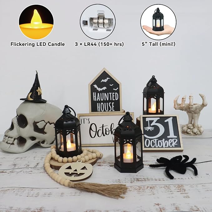 LLQ 8Pcs Mini Lanterns for Centerpiece, Ramadan Decorations, Battery Included, Decorative Candle Lanterns for Indoor, Small Vintage Lantern for Halloween Christmas Wedding Table Decor, Black