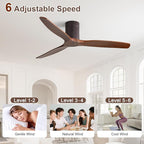Sofucor 52 Inch Ceiling Fan No Light, Solid Wood Indoor/Outdoor Ceiling Fans Without Lights, Reversible DC Motor, 6 Speed, Flush Mount Ceiling Fans for Bedroom Living Room Farmhouse Patio