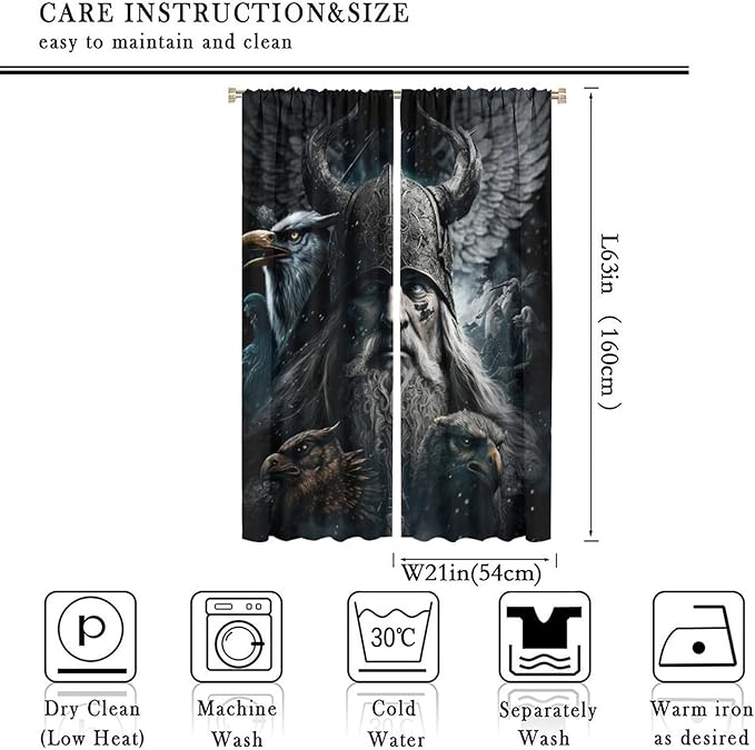 Fantasy Norse Viking Curtains,Cool Gothic Vintage Vikings Mystical Symbol Eagle Window Drapes Thermal Insulated Rod Pocket Blackout Drapes for Bedroom 2 Panels 63L x 21W