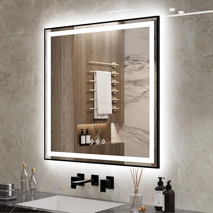 LED Mirror for Bathroom, 36x36 Inch Black Framed Gradient Front and Backlit LED Vanity Mirror, 3 Colors Dimmable CRI>90, IP54 Enhanced Anti-Fog Wall Mounted Lighted Bathroom Mirror