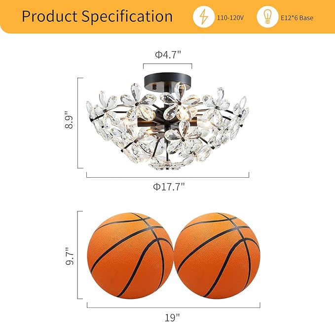 WUZUPS Crystal Chandelier Flushmount Ceiling Light Modern Lighting Fixture for Bedroom Hallway Bar Kitchen Bathroom, H 8.9" x W 17.7", Black, E12 Base