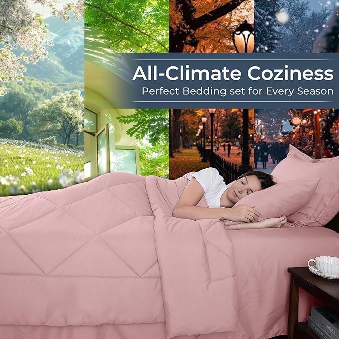 HEVUMYI Rose Gold King Comforter Set - 7-Piece All Season Bed in a Bag King, Ultra Soft Bedding Set with Comforter, Flat Sheet, Fitted Sheet, Pillowcases, Pillow Shams