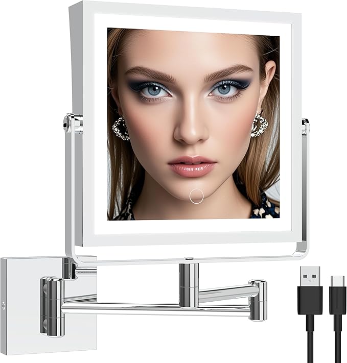 Ruacq Rechargeable Wall Mounted Makeup Mirror with Lights, Double Sided 1X/10X Magnifying Vanity Mirror with 3 Color Lighting, Touch Screen Dimmable, 360° Rotation Extension Foldable Arm(Chrome)