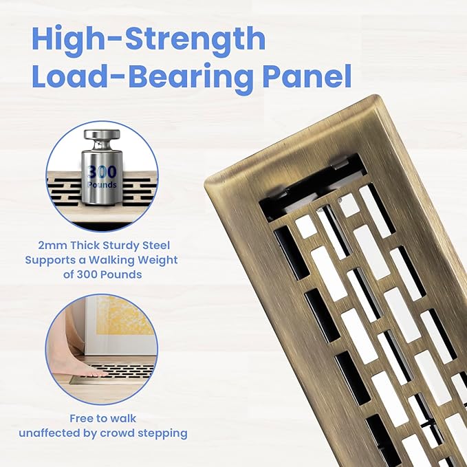 2x10 Inches 2 Pack Heavy Duty Walkable Floor Register - Easy Adjust Air Supply Lever Decorative Floor Vent Covers - Boston Design Vent Covers for Home - Antique Brass
