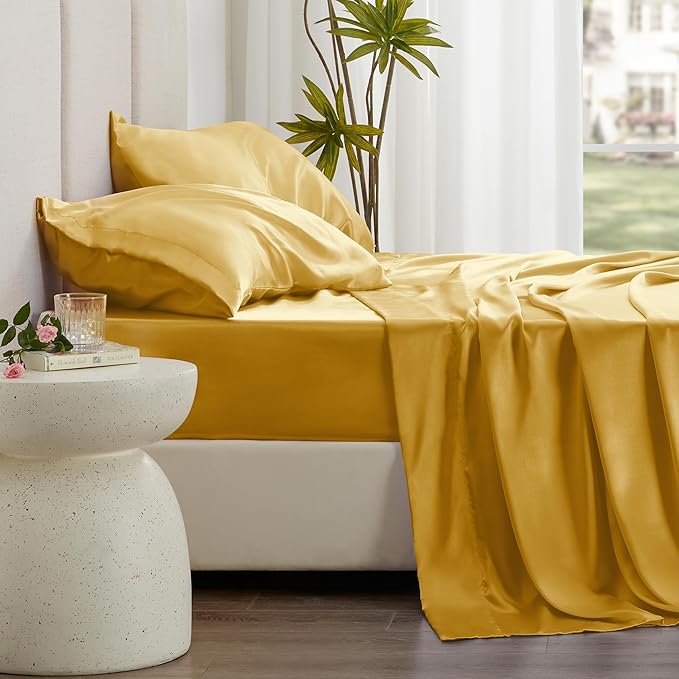 Love's cabin Twin Satin Sheets Sets - 3 Piece Gold Silky Bed Sheets with Deep Pockets, Luxury Silk Feel Satin Twin Size Sheet Set Bedding Set (1 Flat Sheet,1 Fitted Sheet,1 Pillow case)
