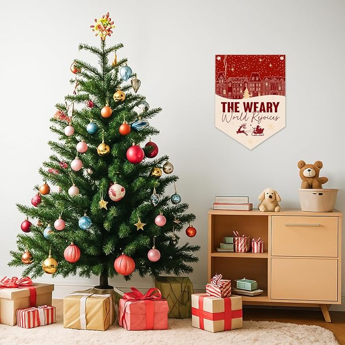 Christmas Wall Hanging Banner, "The Weary World Rejoices" Canvas Wall Art, Festive Town & Santa Sleigh Print Hanging Decor for Home, Living Room, Bedroom Holiday Decoration, 15.7 x 21.6 In