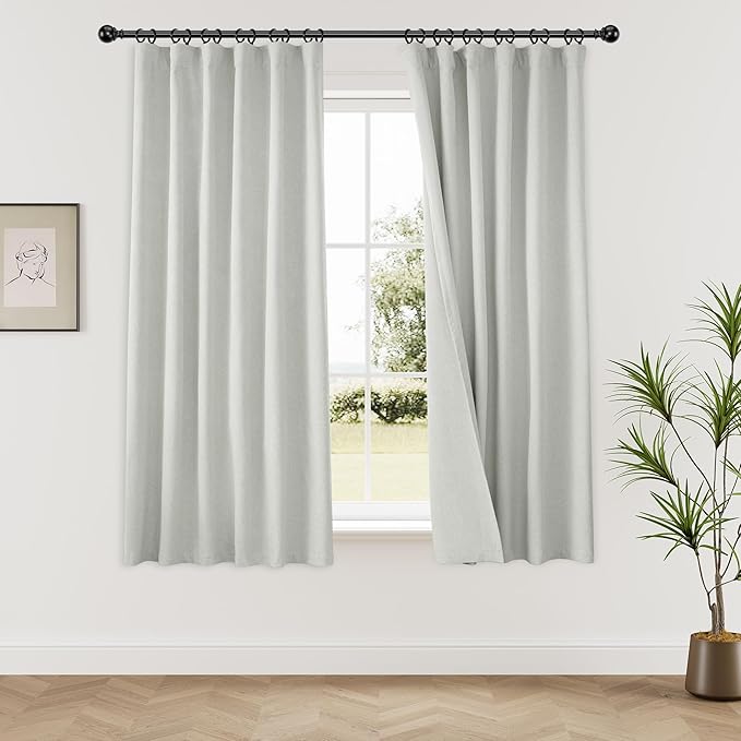 KangBang Blackout Window Curtain Panels 72 Inches Long for Bedroom, Linen Textured Energy Efficient Nordic Light Grey Back Tab Drapes, Blocks 100% Light for Dining Room(Greyish White,52x72,2 Panels)