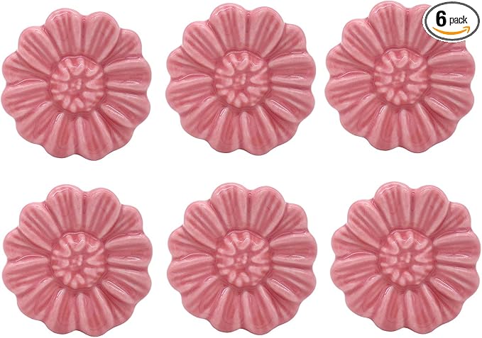 6PCS Vintage Floral Daisy Ceramic Dresser Drawer Knobs Elegant Cabinet Cupboard Door Hardware Pull Handles w/Screws Pink