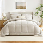 CozyLux King Size Comforter Set Beige, 7 Pieces Bed in a Bag, Beige Comforter King Size, All Season Bedding Sets with Stitch Quilted Comforter, Flat Sheet, Fitted Sheet, Pillowcases