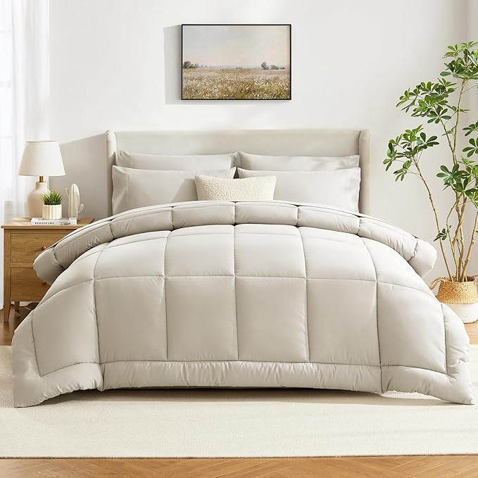 CozyLux Twin Comforter Set with Sheets Beige, 5 Pieces Bed in a Bag, Beige Comforter Twin Size, All Season Bedding Set with Stitch Quilted Comforter, Flat Sheet, Fitted Sheet, Pillowcases