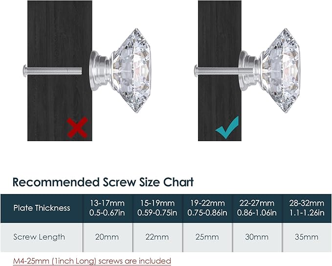 Tomorotec 12-Pack 30mm Crystal Clear Glass Silver Base Cabinet Drawer Pulls, Diamond Shape Cupboard Knobs with Screws for Kitchen, Dresser, Cupboard, Bathroom, Wardrobe (1.2 inch/30mm)