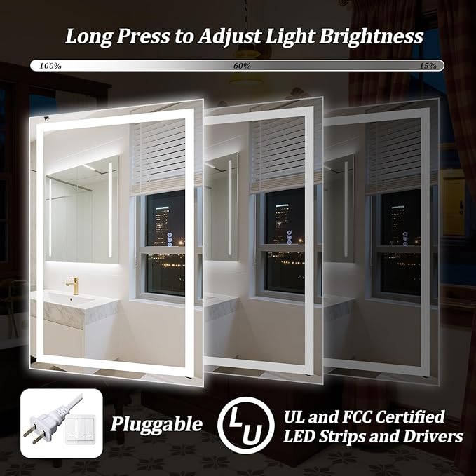 LED Bathroom Mirror with Lights, 36"x 24" Wall Mirrors with Anti-Fog, Dimmable, Backlit + Front Lit, 3 Color Modes, Memory Function Smart Mirror