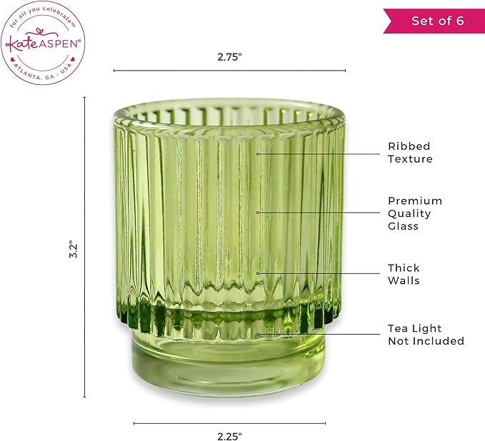 Kate Aspen Vintage Ribbed Glass Candle Holder Decor, Green Votive Candle Holders for Holiday Table Decor, Tealight Candles Holder Glass, Dinning & Christmas Table Decoration Tablescape (Pack of 36)