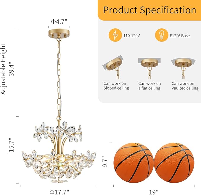 WUZUPS Crystal Chandelier Pendant Flushmount Ceiling Light Modern Lighting Fixture for Bedroom Hallway Bar Kitchen Bathroom, H 15.7" x W 17.7", Gold, E12 Base