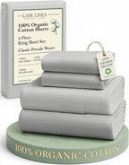 LANE LINEN 100% Organic Cotton King Sheet Set, 4Pc Cotton Sheets King Size, Soft & Comfy Percale Eco Friendly Sustainably Produced Bedding Sheets & Pillowcases, 15" Deep Pocket King Sheet Set - Silver