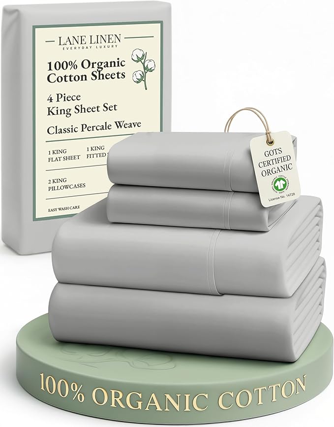 LANE LINEN 100% Organic Cotton King Sheet Set, 4Pc Cotton Sheets King Size, Soft & Comfy Percale Eco Friendly Sustainably Produced Bedding Sheets & Pillowcases, 15" Deep Pocket King Sheet Set - Silver