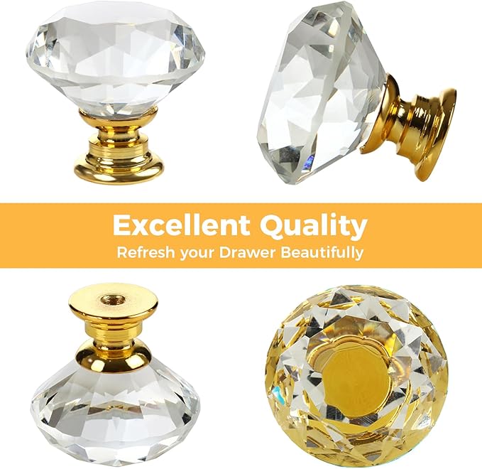 DEELF 30 Packs Kitchen Cabinet Knobs, 30 mm Crystal Cabinet Knobs, Diamond Dresser Handle Drawer Pulls, Dresser Knobs for Cabinets and Drawers, Gold Base