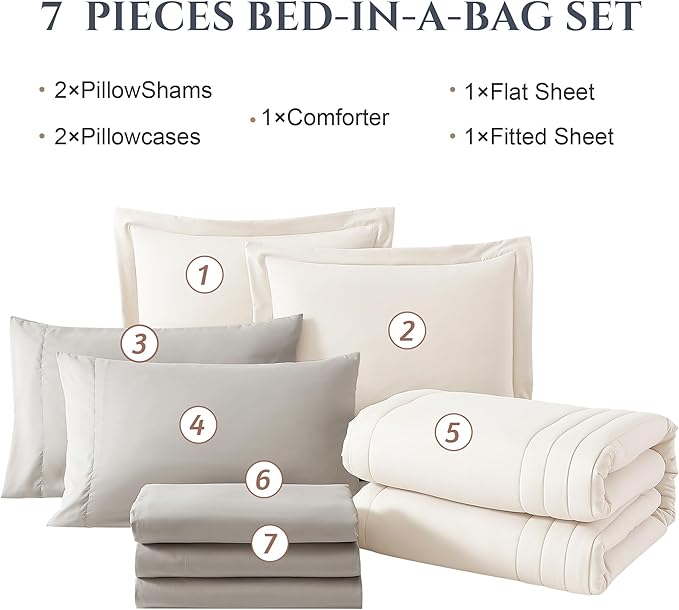 Monbix California King Size Comforter Set - 7 Pieces Bed in a Bag California King, White Bedding Sets with Comforter, All Seasons Down Alternative Comforter Bed Set with Sheets, Pillowcases & Shams