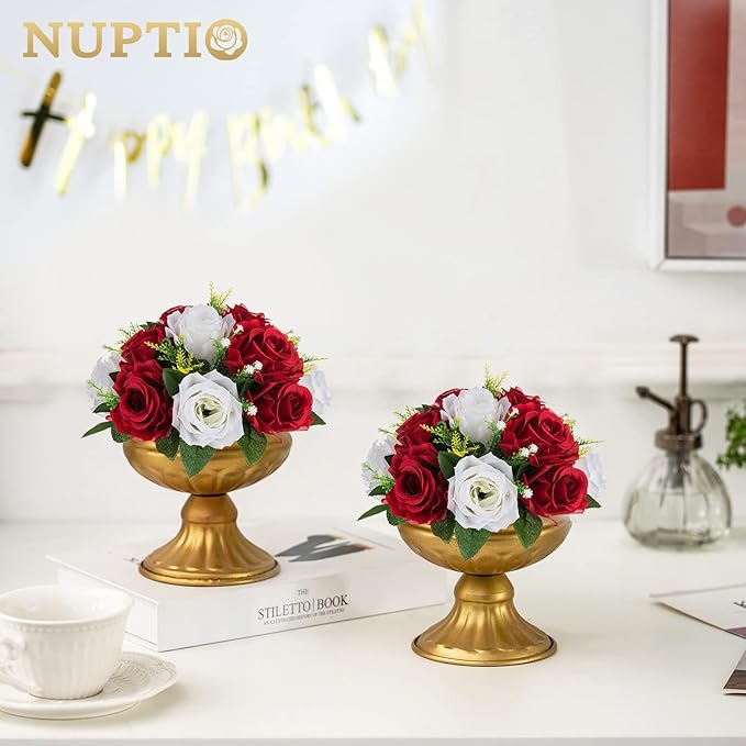 NUPTIO Artificial Flower Centrepieces for Tables - 6 Pcs Crimson & White Fake Flowers Roses Balls 9.5in Diameter - Silk Faux Rose Arrangement for Wedding Party Centerpiece Table Decorations