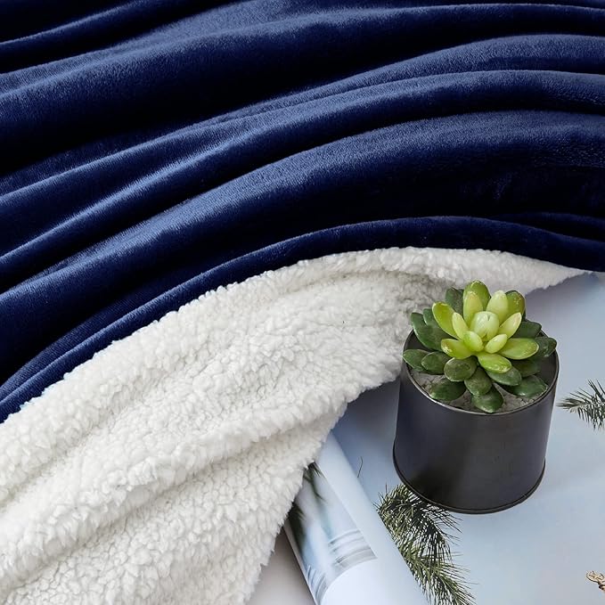 Walensee Sherpa Fleece Blanket (Throw Size 50”x60” Navy) Plush Throw Fuzzy Super Soft Reversible Microfiber Flannel Blankets for Couch, Bed, Sofa Ultra Luxurious Warm and Cozy for All Seasons